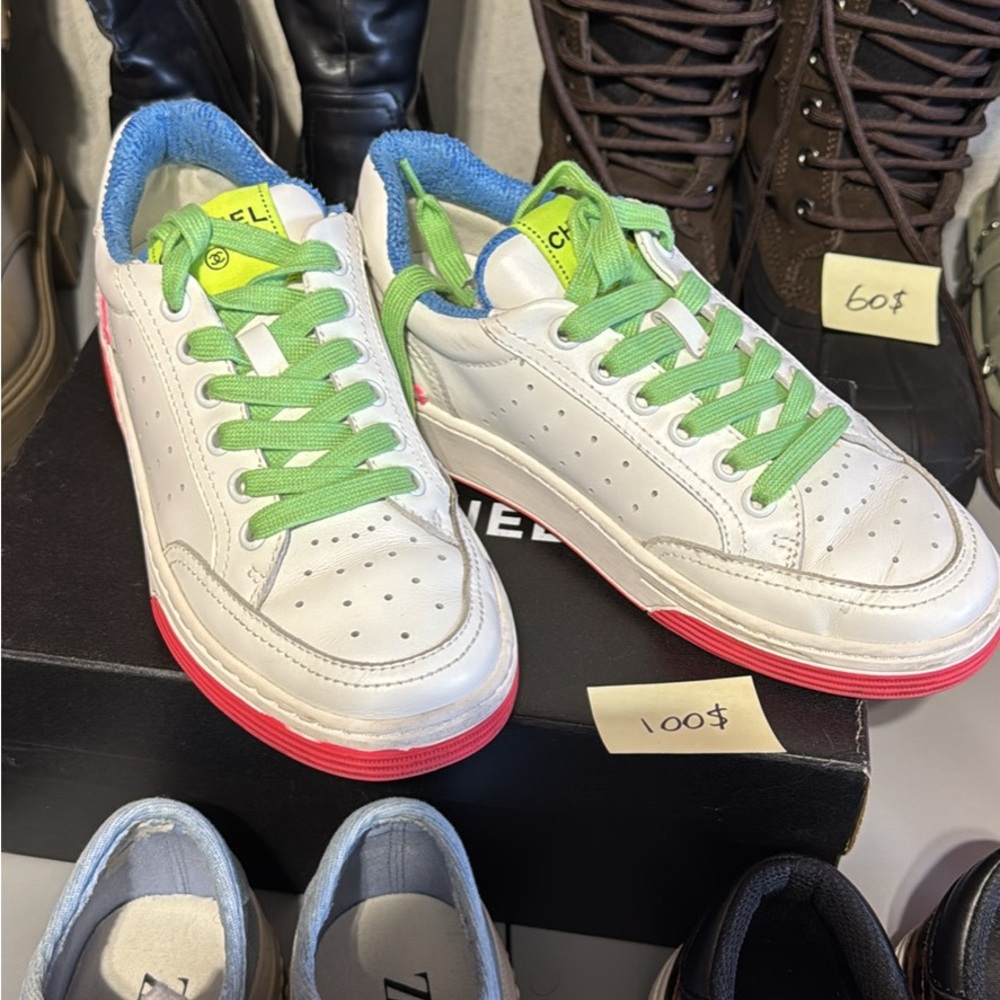 CHANEL Women's White Sneakers with Green and Pink Accents